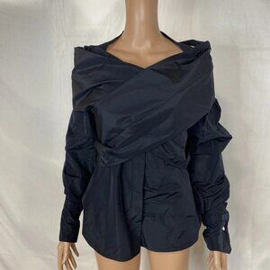 Patou Women’s Off-the-Shoulder Wrap-Effect Sateen Blouse – Navy/Black, Size S